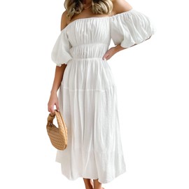 ZESICA Women's 2024 Sexy Boho Off Shoulder Puff Short Sleeve High Waist Ruffled Flowy A Line Beach Party Midi Dress,White,Small