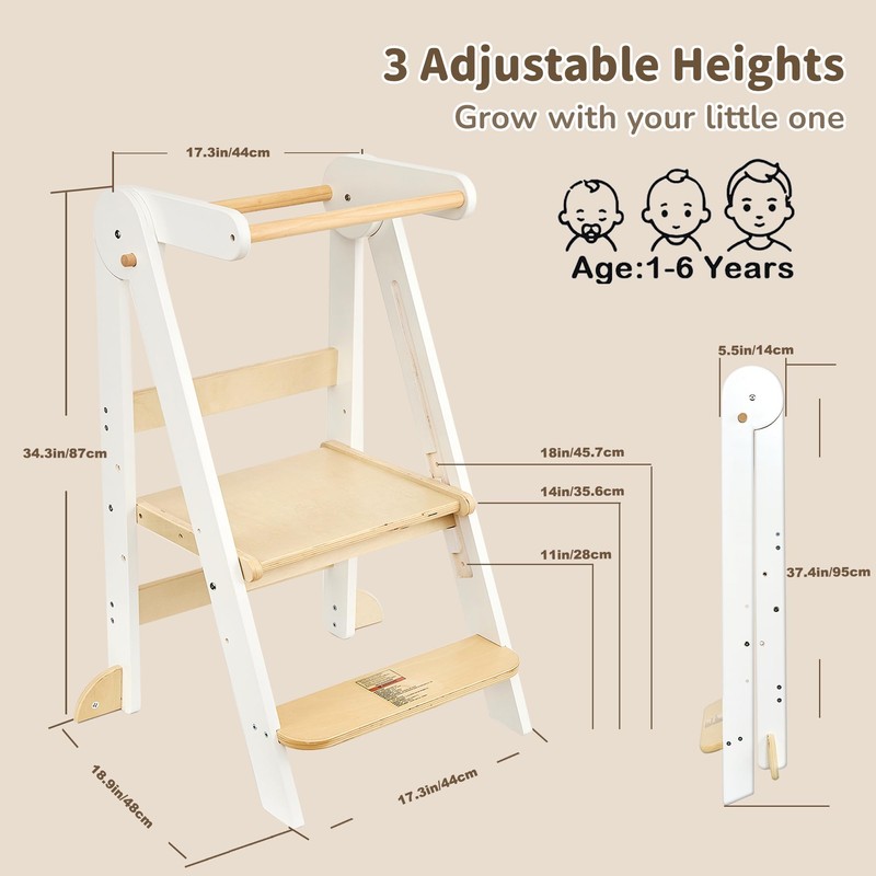 Foldable Toddler Tower Preassembled Kitchen Step Stool, Folding Tower for