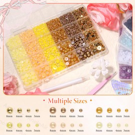 9000Pcs Pearl Nail Charms, Pearls Gems, Yellow Brown Gold Half Round Gold Pearls for Nails, 4 Sizes Half Pearl for Crafts, 3-8mm ABS Nail Art Beads Gems for Art DIY Crafts Makeup Shoes Clothes