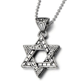 COOLSTEELANDBEYOND Vintage Unisex Star-of-David Pendant Necklace for Man for Women Stainless Steel with 30 inches Ball Chain