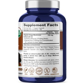 NusaPure Chaga Mushroom 20:1 Extract, 150 mg Equivalent to 3,000mg per Veggie Capsule, 180 Count, USDA Organic, Vegan, Non-GMO