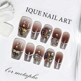 JODSONE Press on Nails Gold Square Cat Eye Handmade 3D Fake Nail Tips Reuseable Fashionable Design Long Lasting Fit Easy to Create Exquisite Fingertips- Medium