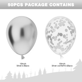 OWill Balloons Silver Metallic, Pack of 50 10 Inches / 25 cm Balloons Silver and Confetti, Balloons Birthday, Balloons for Garland or Arch as Party Decoration Birthday Decoration Wedding Decoration