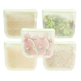 purifyou Set of 5 Reusable Silicone Storage Snack Bags 6oz / 16oz / 32oz / 64oz Self-Seal Food Storage Container for Fruits, Vegetables, Sandwiches, Dishwasher Safe & Leak-free (LimeCream, 646oz)