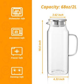 2 Liter 68 oz Glass Pitcher with Lid and Spout, Glass Water Pitcher for Fridge, Glass Carafe for Hot/Cold Water, Large Jug for Iced Tea, Coffee, Juice and Homemade Beverage