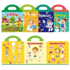 Reusable Sticker Book for Kids 2-4 Years,4 Pack Kids Toddlers Activity Book Farm, Space, Body and Seasons Theme Stickers for Airplane Travel Car Busy Book Christmas Birthday Gift