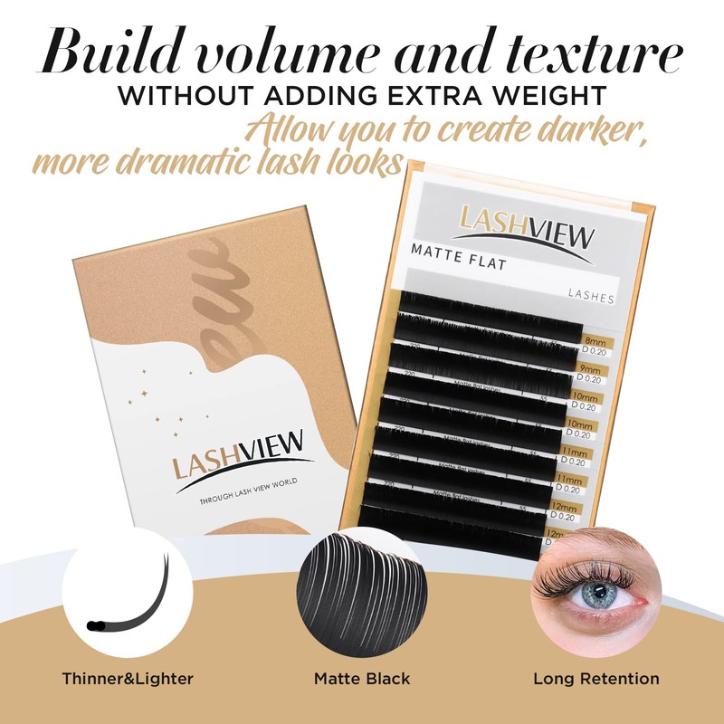 LASHVIEW Eyelash Extensions,Ellipse Flat Eyelash Extensions 0.15mm C Curl 8-15mm