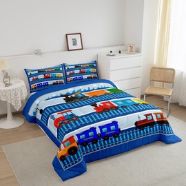 Cartoon Train Comforter Set Twin Size for Kids Boys,City Road Train Tracks Quilt Set Colorful Transport Vehicles Bedding Set 2Pcs,Fashion Navy Geometric Stripes Duvet Insert,1 Pillowcase