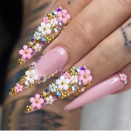 Shimmerz Pack of 24 Long Stickers Nails Stiletto Pink False Nails Rhinestone and Flowers Patterns Gloss Stickers Acrylic Nails Full Cover Luxury Glitter