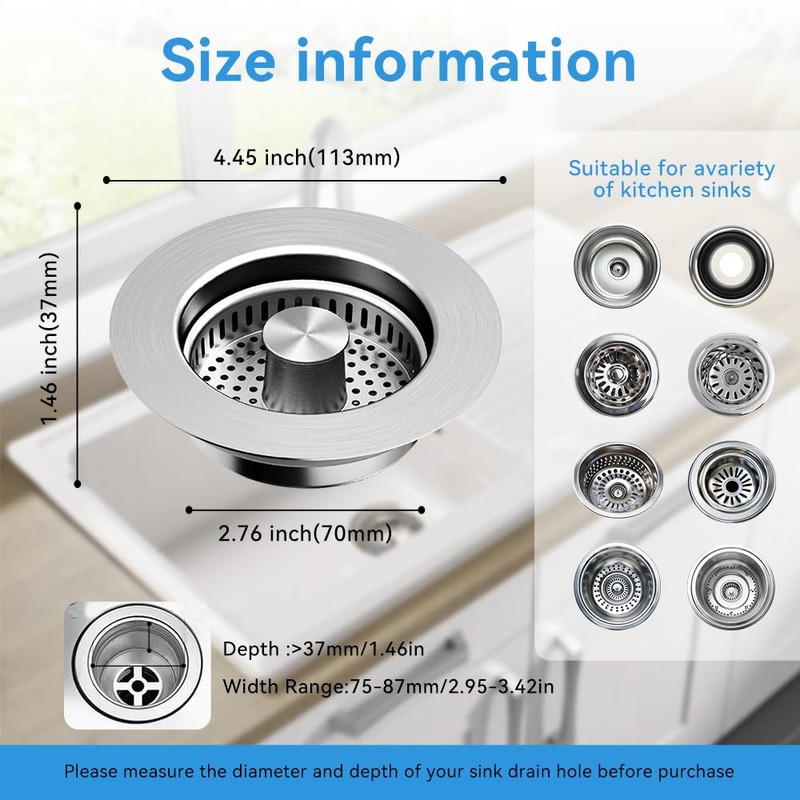 Kitchen Sink Drain Strainer, Pop-up Sink Stopper, 3-in-1 Universal Sink