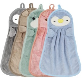 DOULEIN Children's Hand Towel, Pack of 5 Animal Children's Towel Set, Microfibre Absorbent Towels, Hanging, Quick Drying, Absorbent Wash Cloths for Kitchens and Bathrooms
