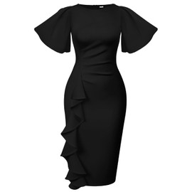 Memoriesea Women's Basic Vintage Ruffle Sleeve Ruched Bodycon Work Midi Pencil Dress Black