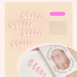 YoYoee Short Almond False Nails Full Cover Nails Tips French Bling Press on Nails Nude Pearl Fake Nails for Women and Girls 24PCS