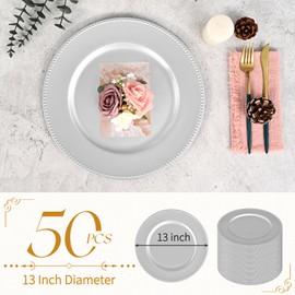 fani 50 Pcs Silver Charger Plates Bulk, 13'' Round Beaded Dinner Charger Plates, Plastic Reusable Vintage Table Decoration for Wedding, Party, Reception, Event, Holiday Supplies