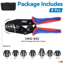 HKS Ratcheting Crimping Tool Set 8 PCS - Quick Exchange Jaw for Heat Shrink Terminals, Non-Insulated, Open Barrel, Solar Conncetors, Insulated and Non-Insulated Ferrules AWG 20-2