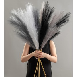 8 Pcs 45" Pampas Grass Tall Faux Dried Decor, Fluffy Fake Long Pompas Artificial Black White Grey Gray Pompous Stems Bouquet Flower Arrangement Vase Filler for Boho Home Wedding Decoration
