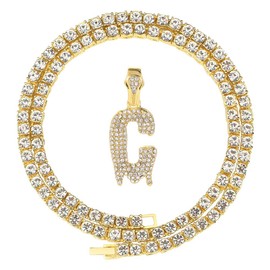 FW Jewelry Gold & Silver Initial Letter Necklaces, Men/Women - Dripping Pendant Chains (A-Z, C-Gold & Tennis)