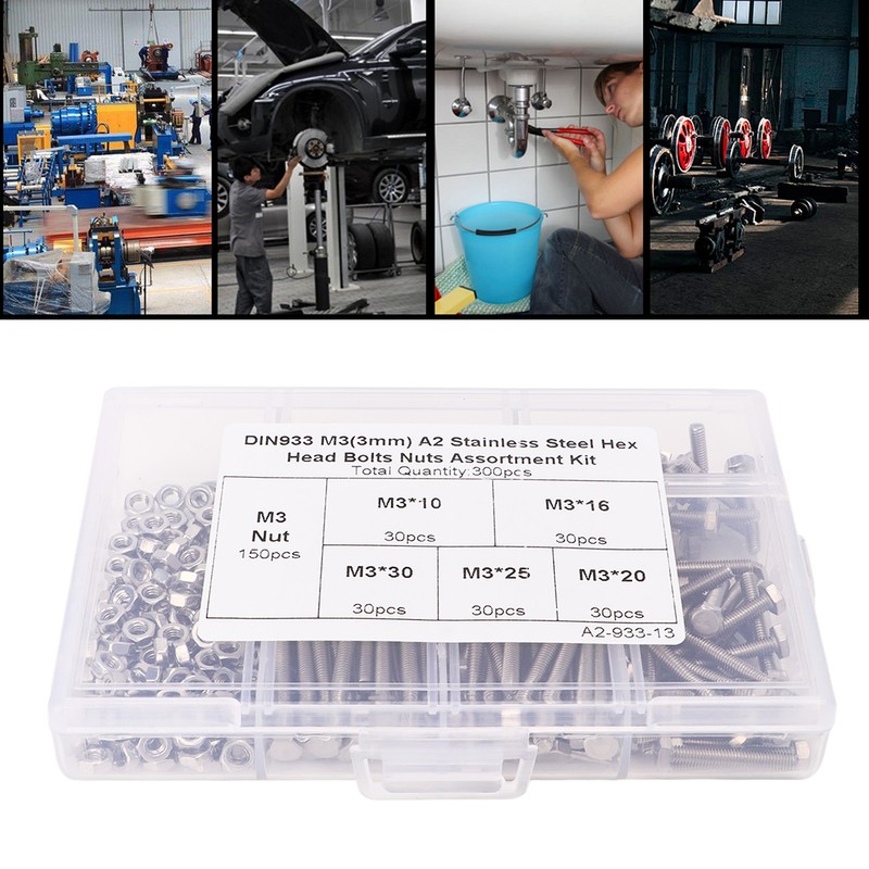 300Pcs M3 Hex Screws Nuts Set with Storage Box Uniform