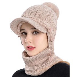 Women One Piece Slouchy Fleece Beanie Hats Scarf Mask Warm Winter Knitted Hat Thick Skull Ski Cap