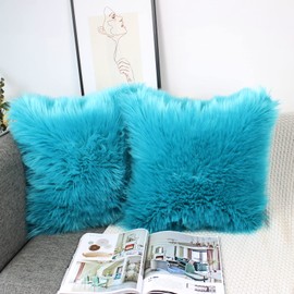 OYIMUA Teal 24x24 Inches Fluffy Soft Faux Fur Cushion Covers Pack of 2, Luxurious Home Decorative Super Soft Plush Pillow covers Case 60cm x 60 cm for Sofa Bed Car