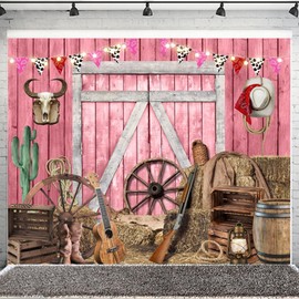 10x8ft Western Cowgirl Backdrop Party Decor Pink Barn Door Cow Farm Country Rustic Wooden House Photography Background Cowgirl Birthday Party Decoration Photoshoot