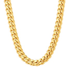 VEXXS Men's Curb Chain 10/12 mm, 18 Carat Gold-Plated Stainless Steel Cuban Chain, Flat Cuban Necklace, Men's Chain, Gold Chain for Men, Boys, Men's Jewellery Gift, 46-66 cm, Gold