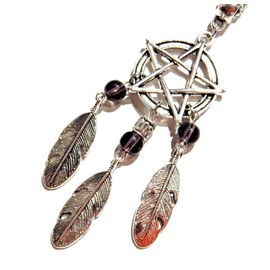 Pentagram Dream Catcher Silvertone & Purple Beaded Pendant Wiccan Witch Pagan Pentacle Necklace