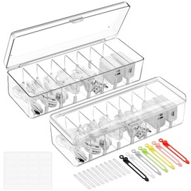 WuGU 2 Stück Kabel Aufbewahrungsbox, Transparent Kabel Organizer Box mit 8 Abziehbare Fächer und 14 Kabelbindern, Cable Management Box für Schreibtisch Lagerung, Büro-mit Etikettpapier