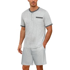 Jahetuul Shorty Pyjamas Men's Set Summer Cotton Sleepwear Round Neck T-Shirt and Shorts Lightweight Loungewear for Home mens pjs sets Grey