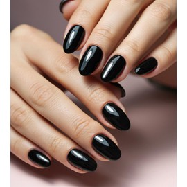 Morily Black Press on Nails - Glossy Short Oval Fake Stick on Nails, Reusable Full Cover Artificial False Fingernails for Women, 24 Pcs in 12 Sizes