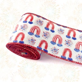 HIENAJ Patriotic Ribbon 4th of July Stars and Stripes Burlap Wired Edge Ribbon 2.5Inch 6Yards American Flag and Fireworks Ribbon for Independence Day Gift Wrapping DIY Wreath Bow Craft Sewing