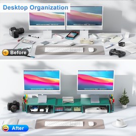 gianotter Dual Monitor Stand Riser, Desk Organizer With Drawer and 2 Pen Holders, Monitor Stand for Desk, Office Decor Essentials (Green)