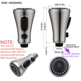 GORDEE Kitchen Faucet Sprayer Head Replacement, 3-Function(Stream/Spray/Aqua Blade) Sprayer Spout Nozzle w/ Check Valve, 2.2 GPM 0.8 inch Connector(MALE), General US Standard, Brushed Nickel