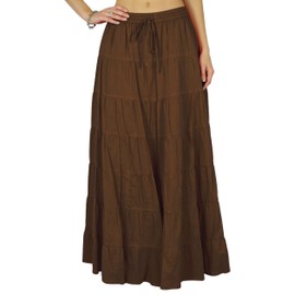 Phagun Solid Long Maxi Cotton Beach Wear Skirt for Women Elastic Waist Skirt Summer Wear Brown