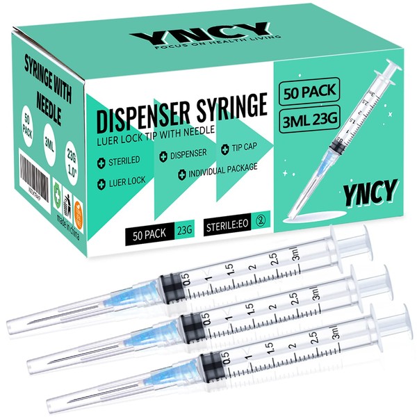 50 Pack 3ml Disposable Syringe with Needle 23Ga 1.0 Inch,
