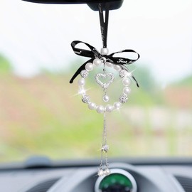 Bling Car Mirror Hanging Accessories - Lucky Crystal Pendant Car Rear View Mirror Charm - Sparkle Rhinestone Hanging Ornament - Auto Decoration Bling Car Accessories for Women (Peach Heart)