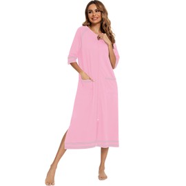Veseacky Women Zipper Robe Half Sleeve Loungewear Lightweight Full Length Housecoat(Pink,L)