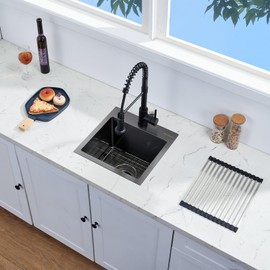 EcoChannels Drop In Kitchen Sink, 15 x 15 Inch Single Bowl Topmount Bar Prep Sink 16 Gauge T-304 Stainless Steel Gunmetal Black Kitchen Sinks