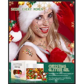 Christmas Body Glitter Gel, Red Green Gold Yellow Face Glitters Body Gel Sequins Shimmer Liquid Eyeshadow, Chunky Glitter for Face Hair Body Nails, Mermaid Sequins Laser Powder Festival Glitter Makeup