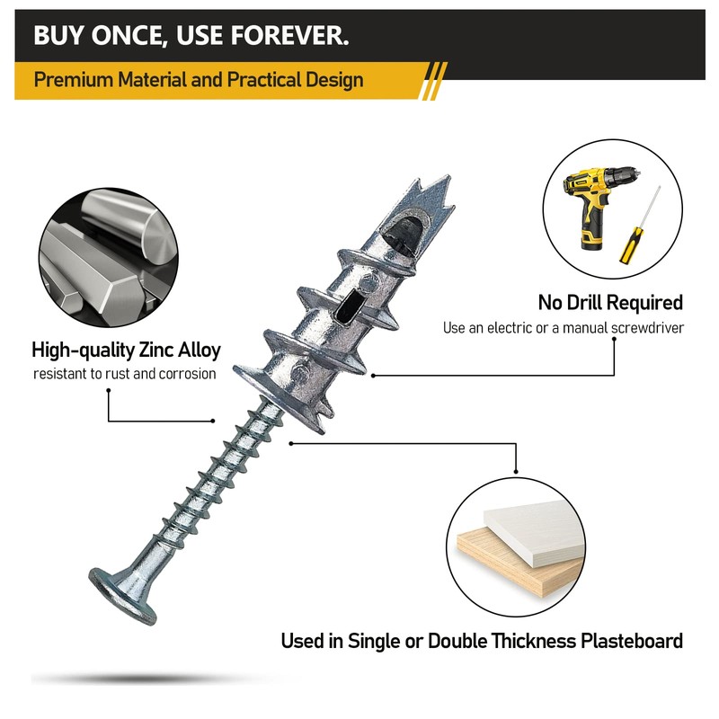 Metal Plasterboard Fixings, 50 Heavy-Duty Self-Drilling Anchors with Screws for