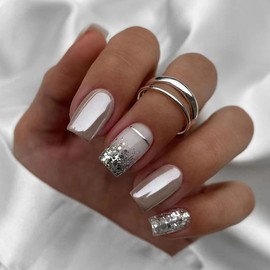 Silver Press On Nails - Square Medium Glitter Chrome False Nails with Designs, Full Cover Glossy Acrylic Glue on Nails, 24Pcs