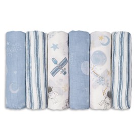 GLLQUEN Muslin Cloths for Babies, Pack of 6 Cotton Burp Cloths 70 cm x 70 cm, Absorbent and Breathable and Ideal for Cleaning, Wiping and Covering Newborns (Astronaut)