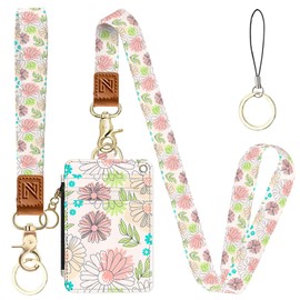 Flowers 2-in-1 ID Badge Holder & Lanyard Wallet for Teachers,Nurse,Professionals-Cute Zippered Coin Pouch,Removable Wristlet & Neck Lanyard,5 Card Slots Stylish Work Essential