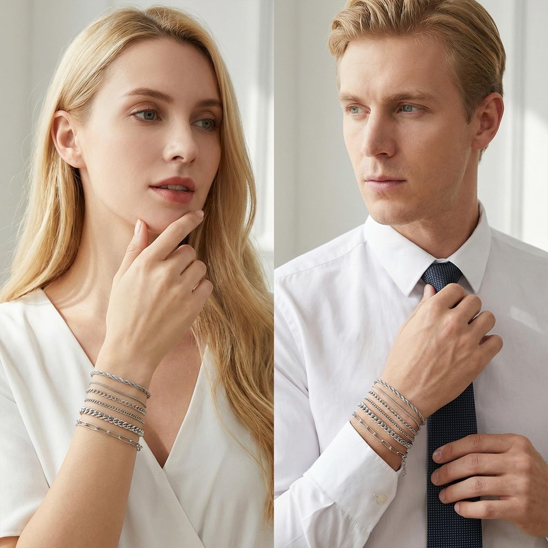 Molain 6Pcs Stainless Steel Chain Bracelets for Men Women