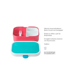 Mepal - Campus Lunch Box - Bento Lunch Box for Children - Lunch Box with Bento Compartment and Fork - Meal Prep Box with Clip Closure - BPA Free & Dishwasher Safe - 750 ml - Pink with Turquoise Lid