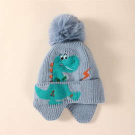 imKutie Toddler Boys Winter Hat, Cute Dinosaur Baby Warm Fleece Lining Earflap Knitted Beanie Hats with Pompom for Age 2-5 Years Blue