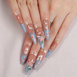 Long Almond Press on Nails Thick Handmade Nails with Glue,5D Lotus Flower Art Nude Pink False Nails Luxury Flash Koi Designs Press ons Muti-Layer Gel 100% Handmade Nail for Women (Size S)