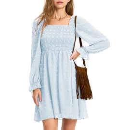 EXLURA Women's 2025 Summer Long Sleeve Party Swiss Dot Dress Smocked Ruffle Cocktail Mini Dresses Blue