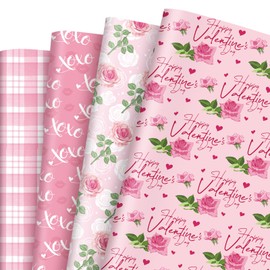FYSUIMU Valentine's Day Floral Wrapping Paper Not Roll Pink Plaid Xoxo Rose Flower Gift Wrap Paper Folded Flat for DIY Crafts Wedding Anniversary Holiday, 19.7 x 27.6 Inch, 8 Sheets