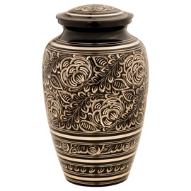 Silverlight Urns Villarose Brass Cremation Urn, Black and Gold, Floral Pattern, Adult Size, 10.25 Inches High